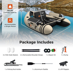 Inflatable Fishing Float Tube with Pump Storage Pockets and Fish Ruler-Beige