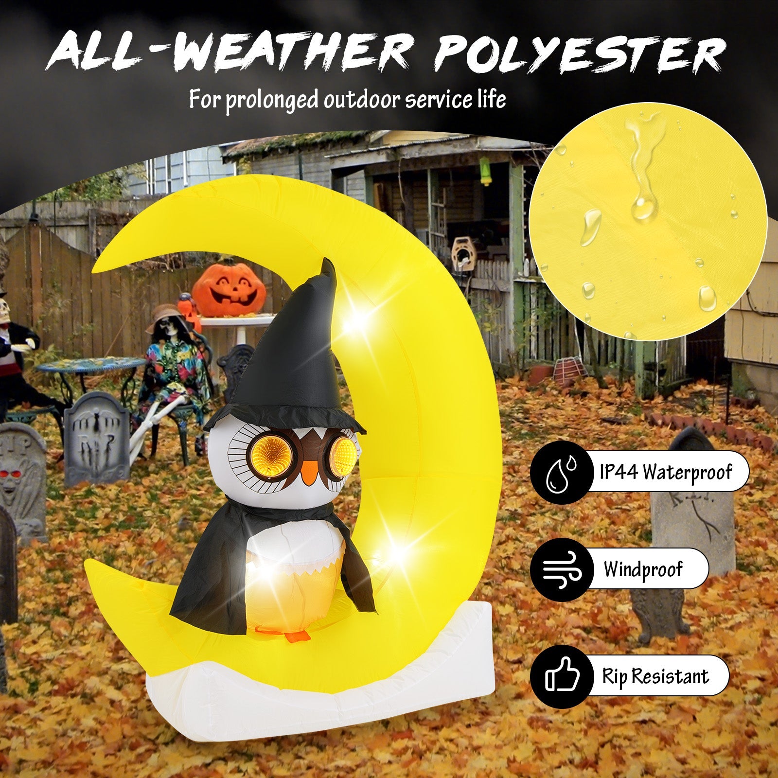 Inflatable Owl on Moon LED Lighted Halloween Decoration with Large Moon and Wizard Owl