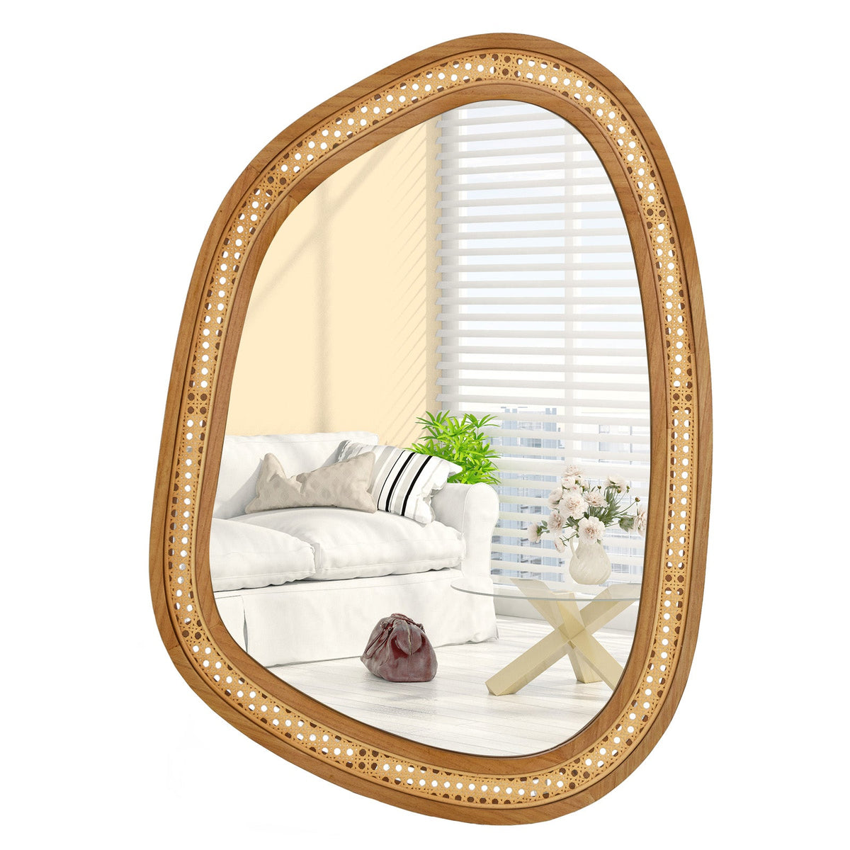 33 Inches x 23.5 Inches Irregular PVC Rattan Wall Mirror with Wooden Frame-Natural