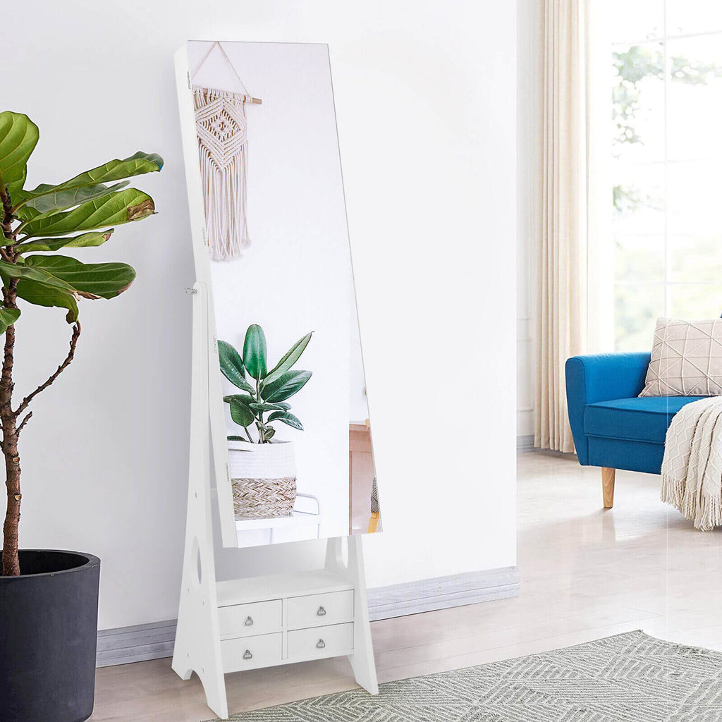 Freestanding Full Length LED Mirrored Jewelry Armoire with 6 Drawers-White