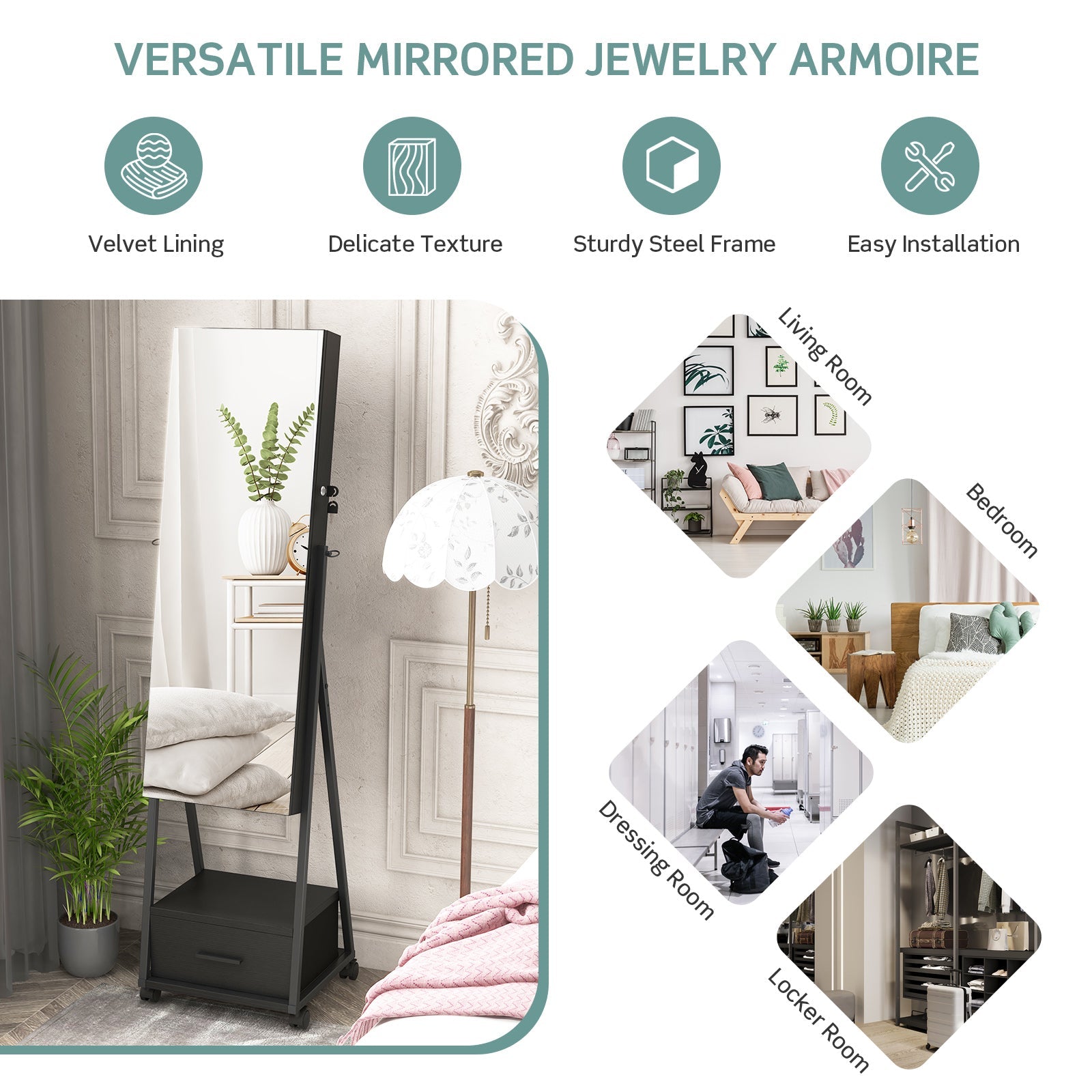 Jewelry Cabinet with Full-Length Mirror-Black