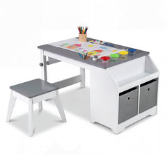 Kids Art Table and Stool Set Toddler Activity Desk with Paper Roll and 4 Paint Cups for Drawing Learning-Gray
