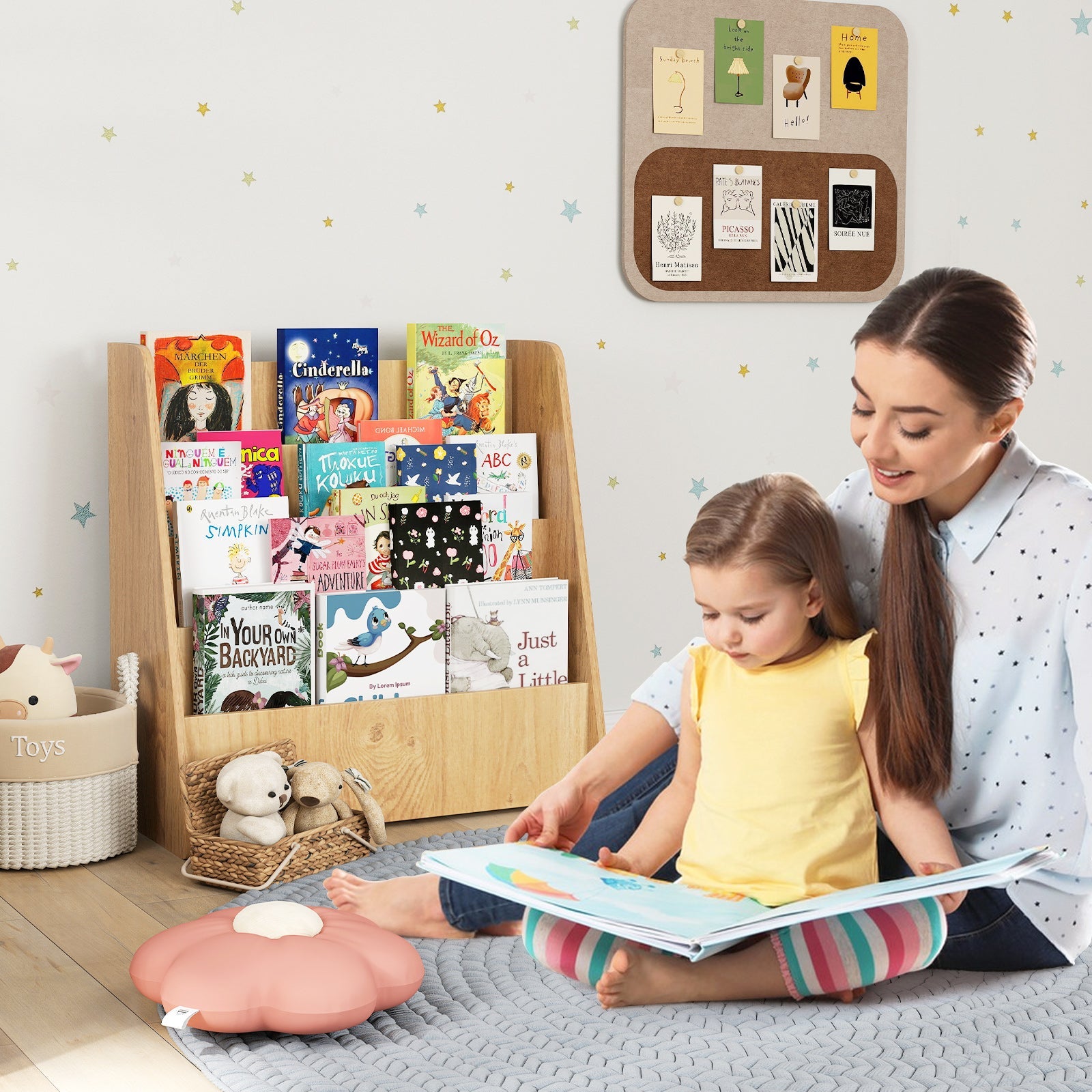 4-Tier Kids Bookshelf with Deep Compartments for Bedroom-Natural