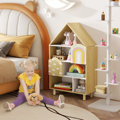 Kids Dollhouse Bookshelf House-shaped Bookcase Children Toy Storage Organizer-Natural