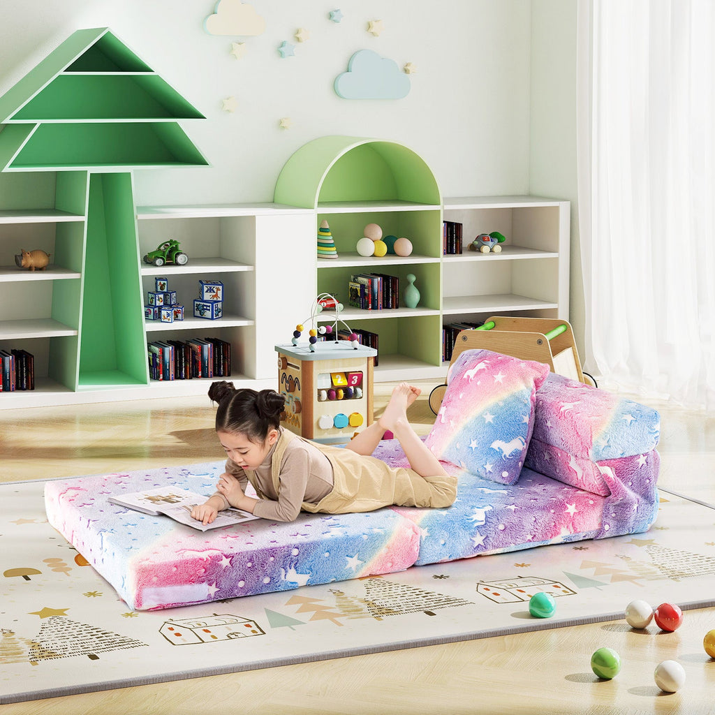 Kids Folding Sofa Bed Floor Mattress Glow in the Dark with Pillow-Multicolor