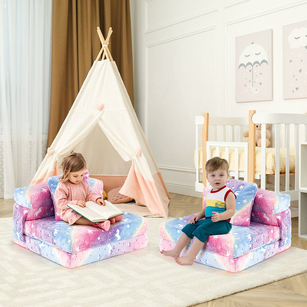 Kids Folding Sofa Bed Floor Mattress Glow in the Dark with Pillow-Multicolor