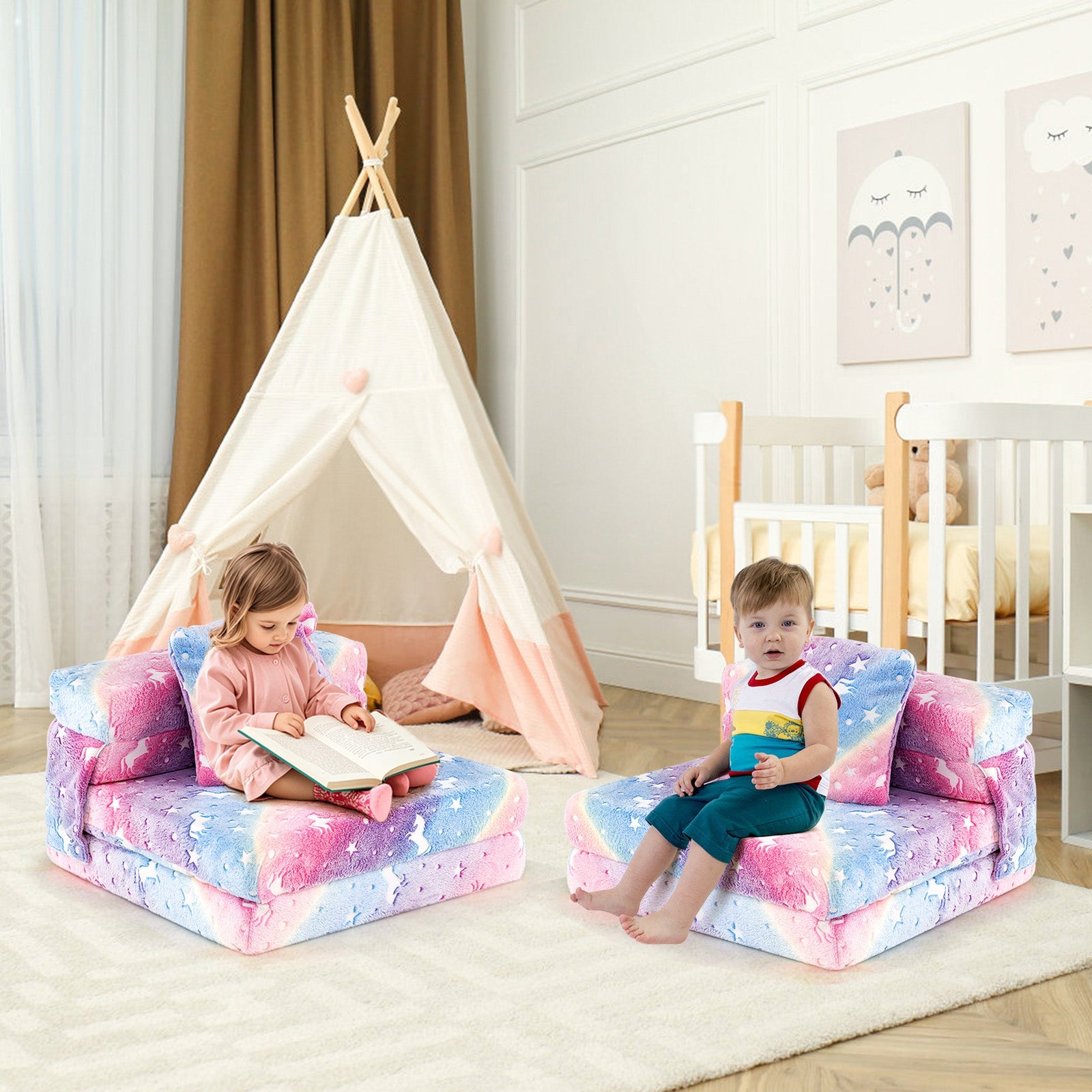 Kids Folding Sofa Bed Floor Mattress Glow in the Dark with Pillow-Multicolor
