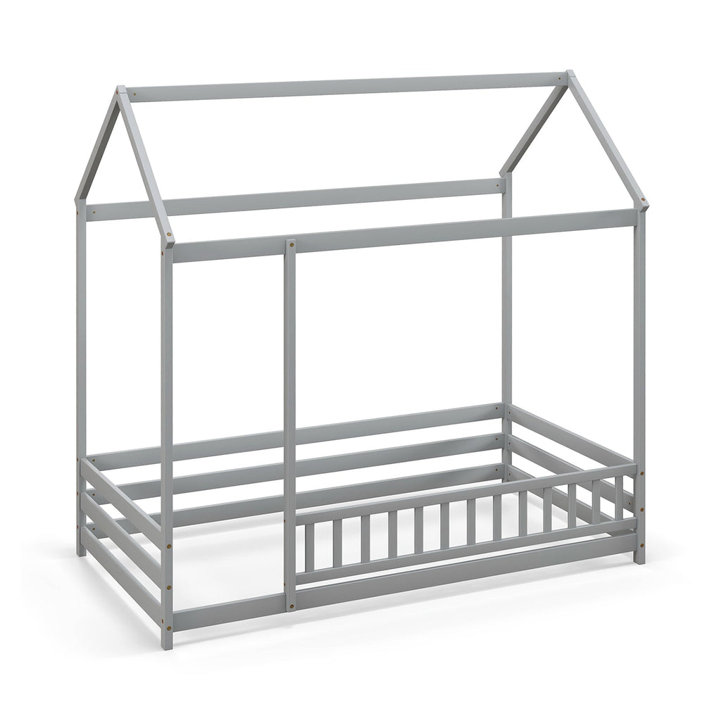 Twin Size Kids House Bed Wooden Floor Bed with Roof and Full-length Safety Guardrail-Gray