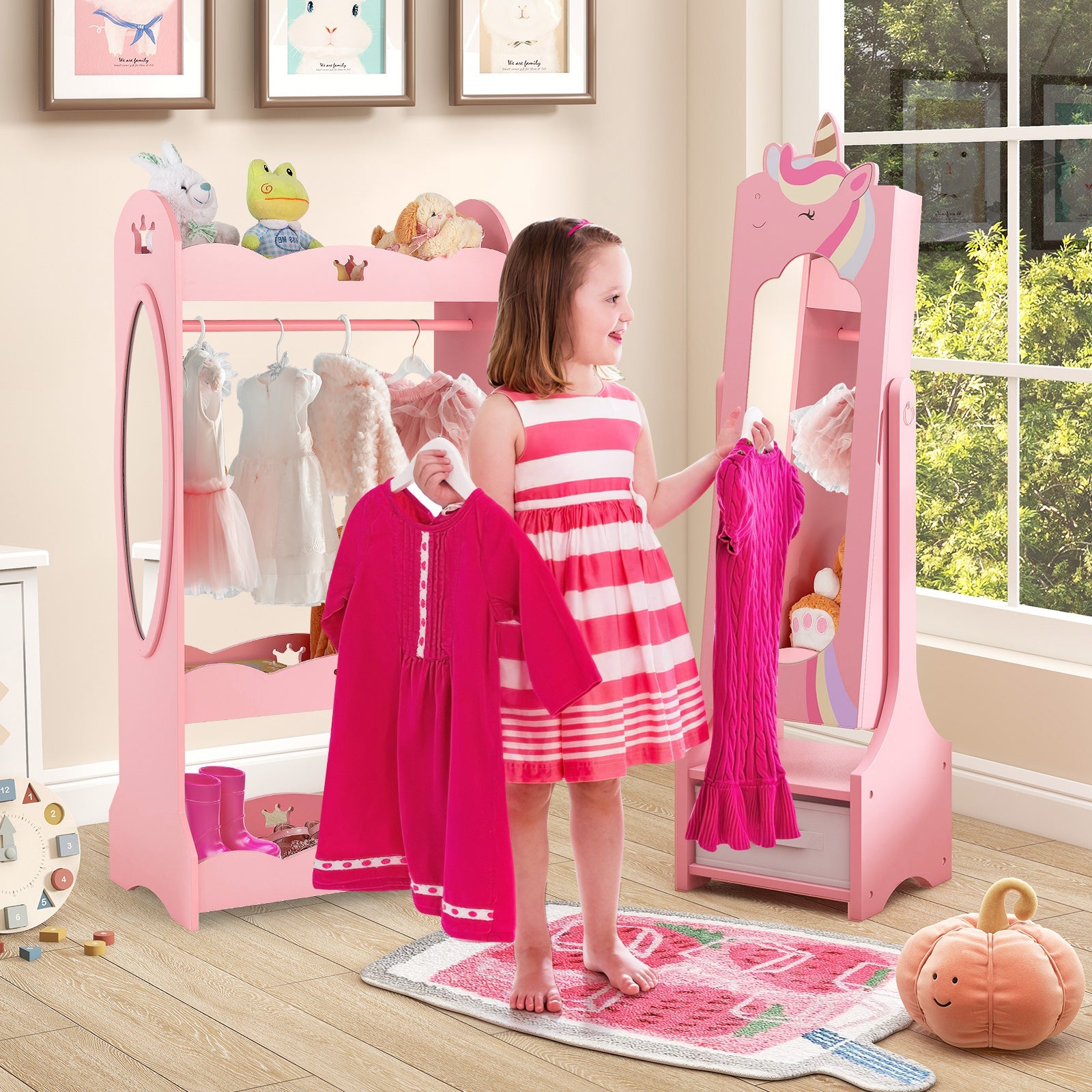 Kids Jewelry Armoire Cabinet with Storage and 2 Tilt Angles-Pink