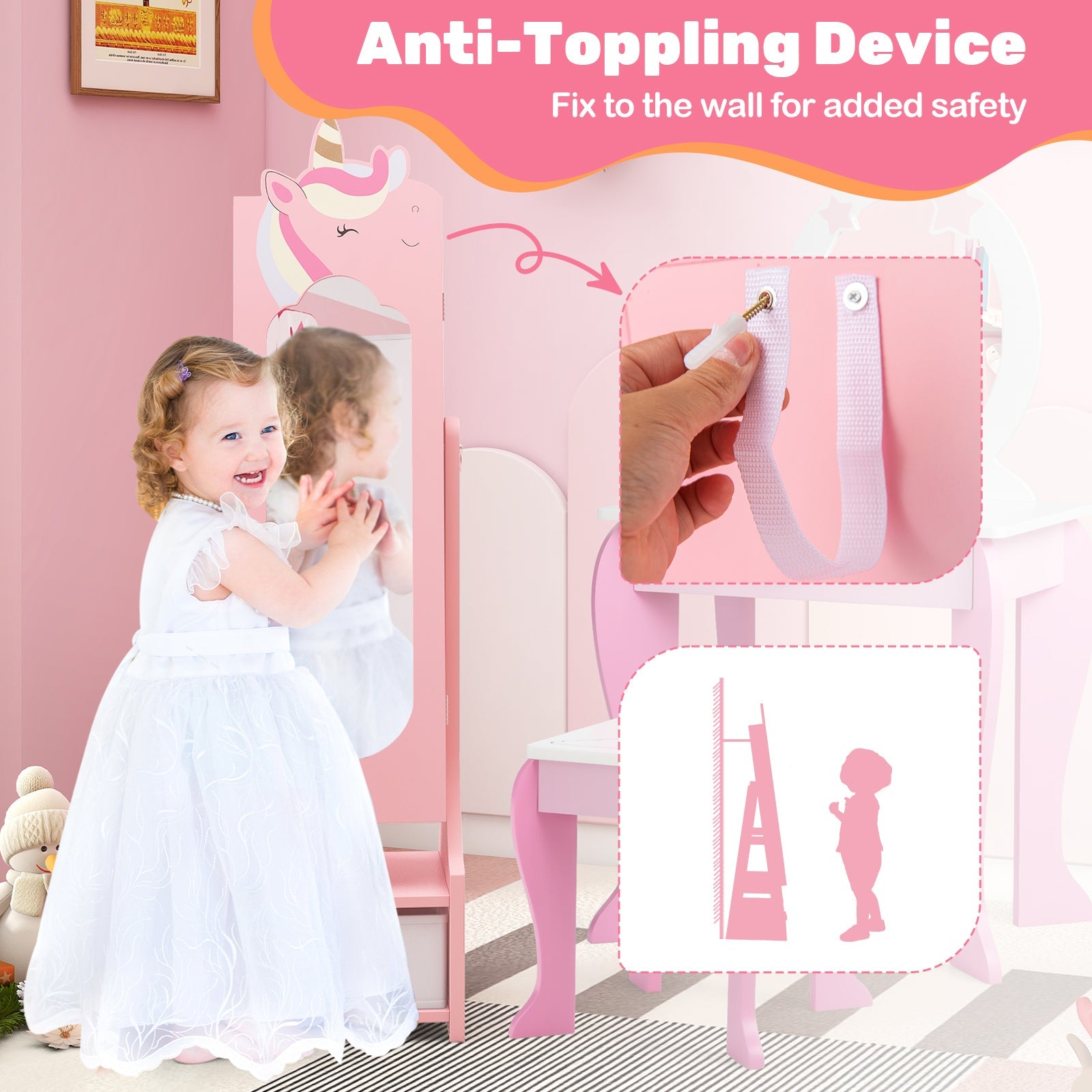 Kids Jewelry Armoire Cabinet with Storage and 2 Tilt Angles-Pink
