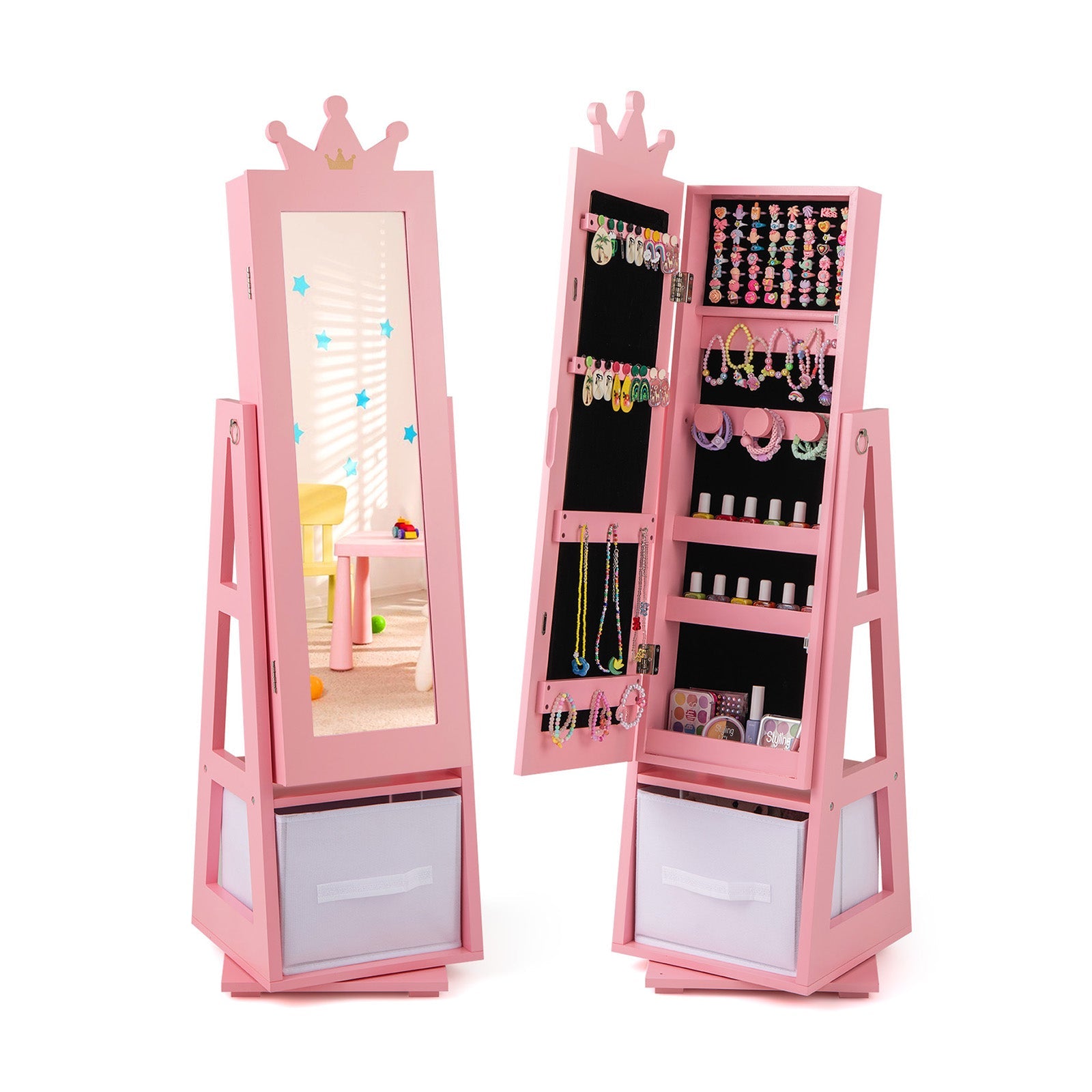 Kids Jewelry Armoire Cabinet with Large Storage Capacity and Swivel Base-Pink