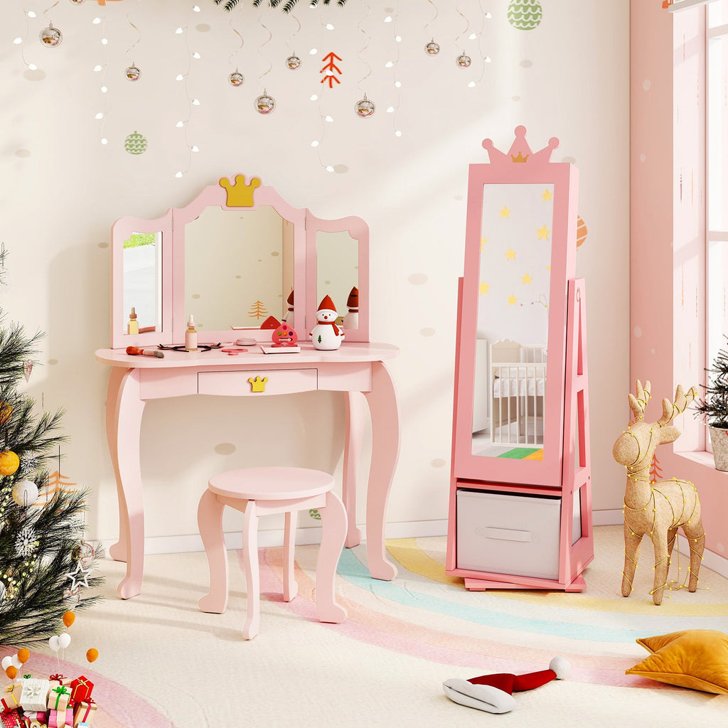 Kids Jewelry Armoire Cabinet with Large Storage Capacity and Swivel Base-Pink