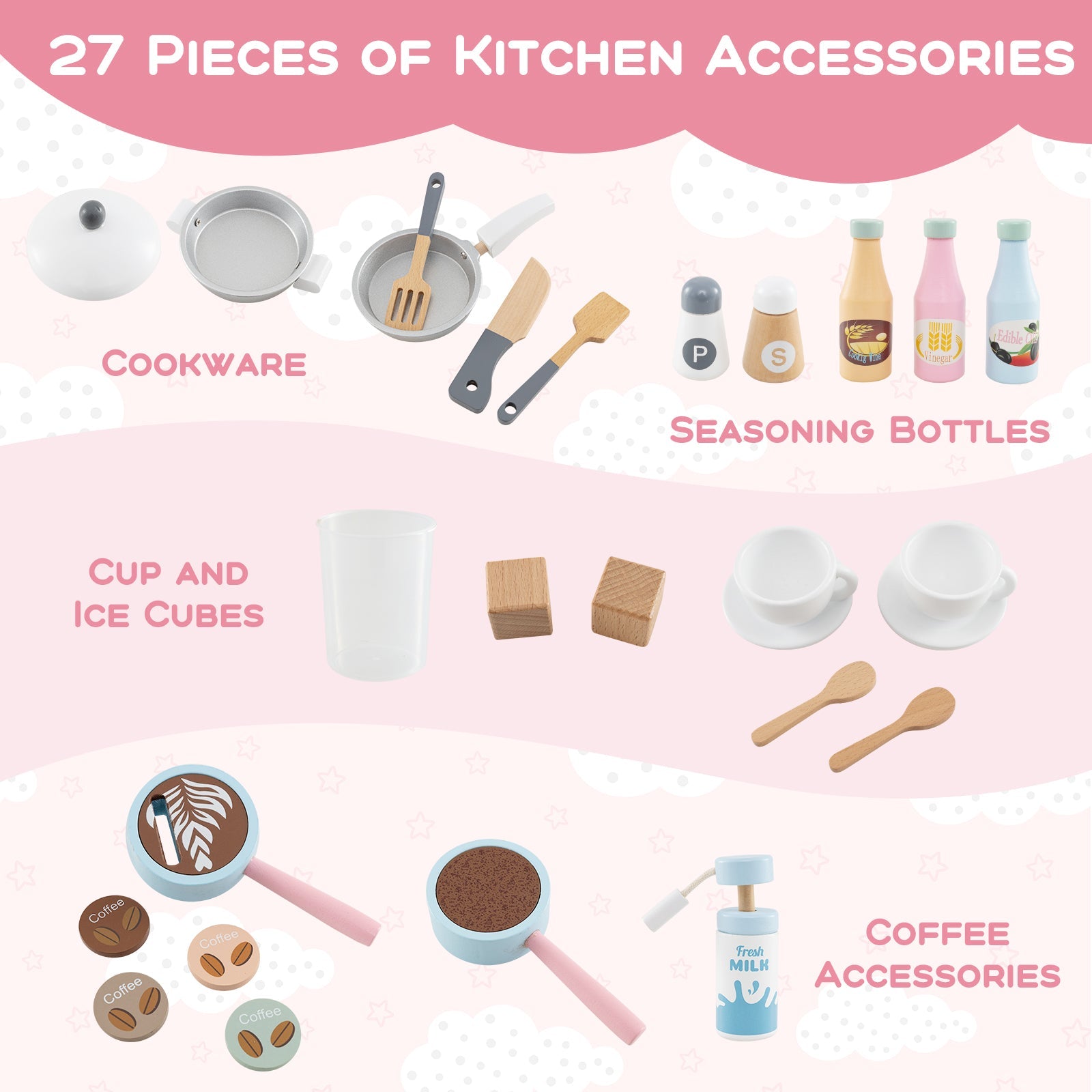 Kids Kitchen Set Wooden with Coffee Makers and Accessories-Pink