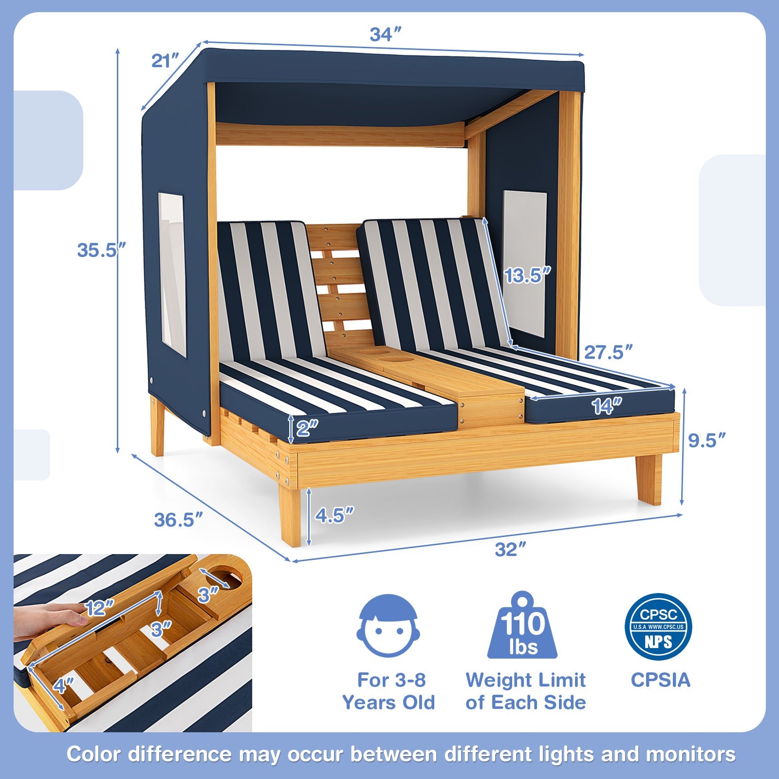 Kids Patio Lounge Chair with Cup Holders and Awning-Navy