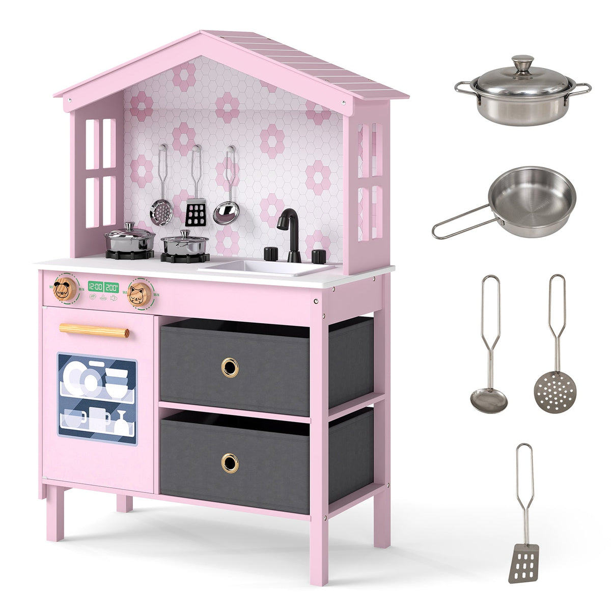 Kids Play Kitchen Children Toy Kitchen Playset with 2 Stoves and Rotation Knobs