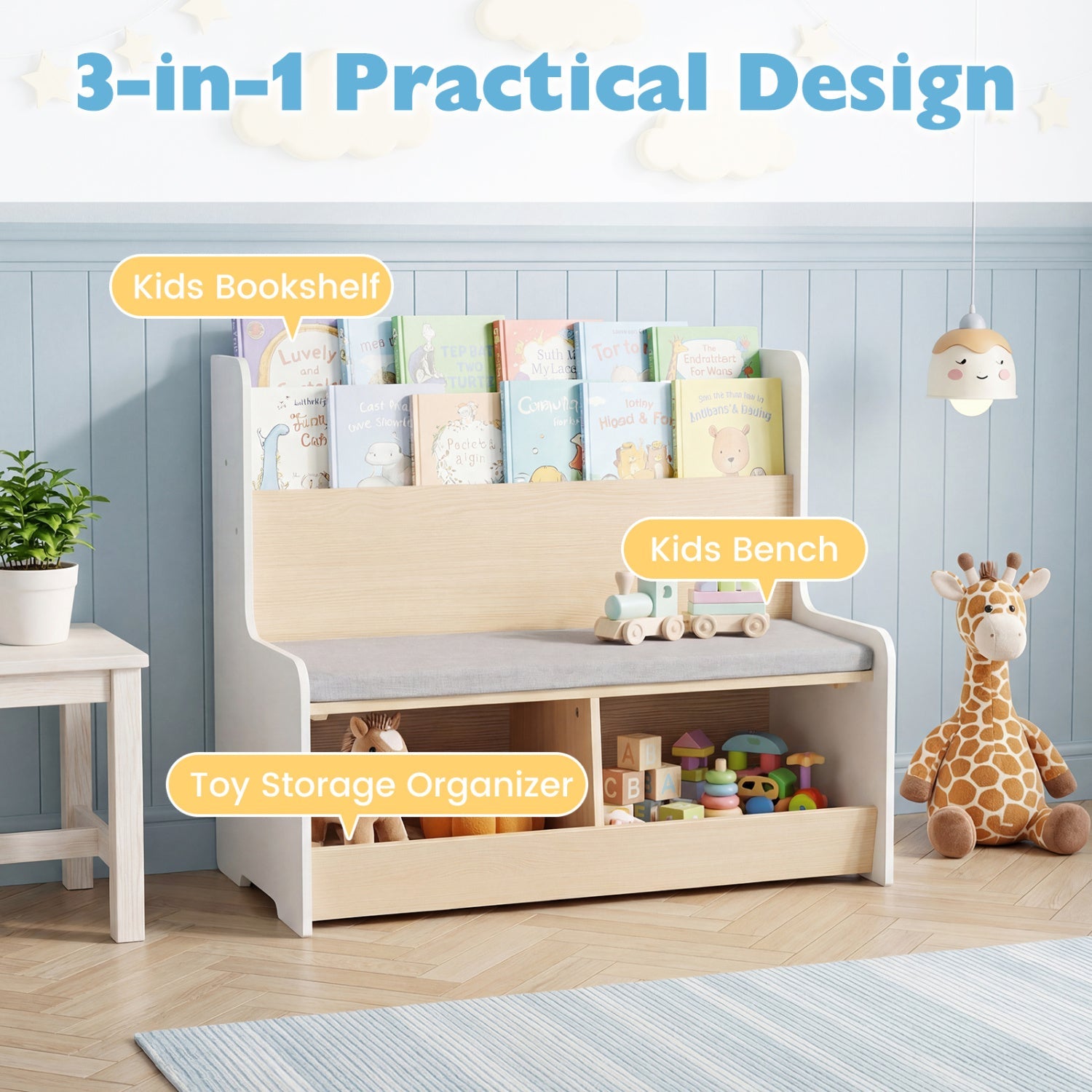 Kids Reading Nook with Bench Bookshelf and 2 Cubbies