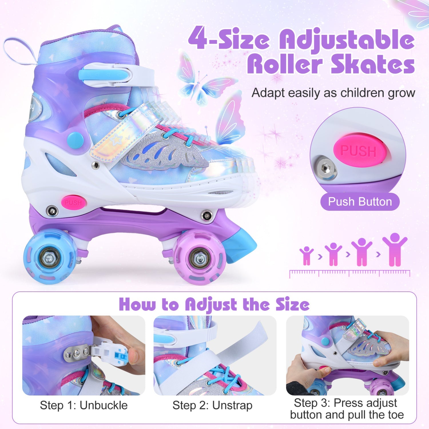 Kids Roller Skates for Toddlers Ages 7-9 with 4 Light up Wheels
