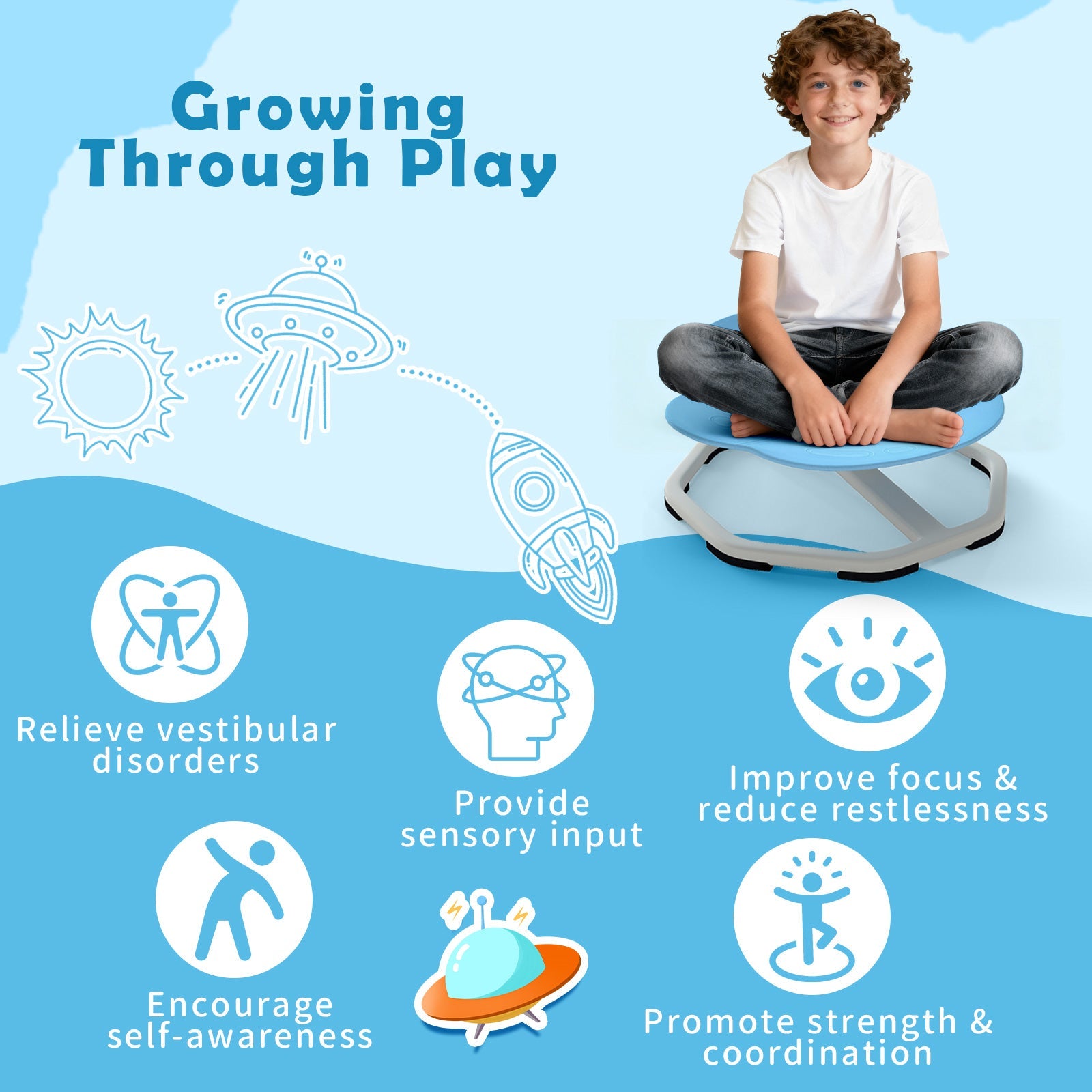 Kids Sensory Swivel Chair 360° Spinning Seat with Metal Base