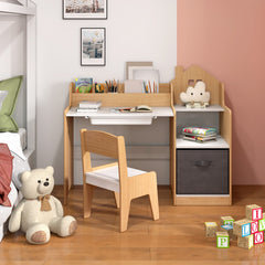 Kids Study Desk and Chair Set with Open Shelves Drawer and Fabric Storage Bin-Natural