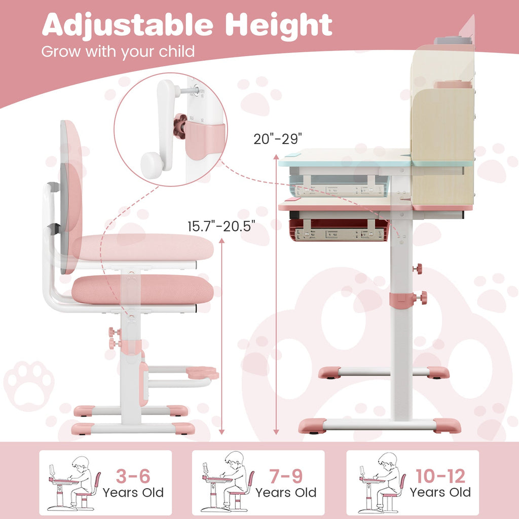 Height Adjustable Children School Home Study Table and Chair Set with Tilted Desktop for 3-12 Years Old-Pink