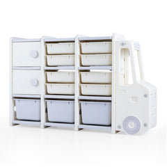 Kids Toy Storage Organizer Truck-shaped Toy Chest with 2 Cabinets and 11 Removable Bins-Grey