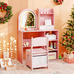 Kids Vanity Set Princess Girls Makeup Vanity Desk with Chair and 3-Color LED Lighted Mirror