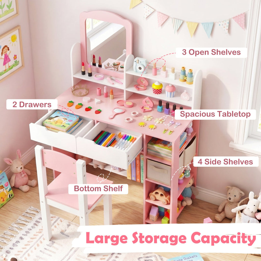 Kids Vanity Set with Chair and Mirror Makeup Dressing Desk with Storage Shelves and Drawers