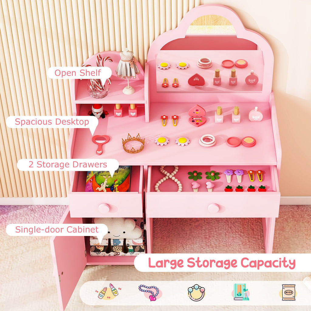 Kids Vanity Table and Chair Set with Cloud-shaped Mirror and Open Shelf-Pink