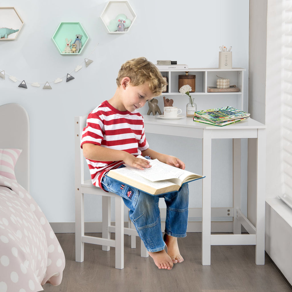 Kids Wooden Corner Desk and Chair Set with Hutch and Storage-White