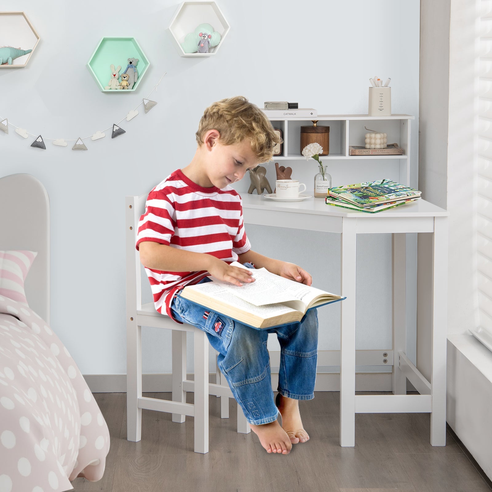 Kids Wooden Corner Desk and Chair Set with Hutch and Storage-White