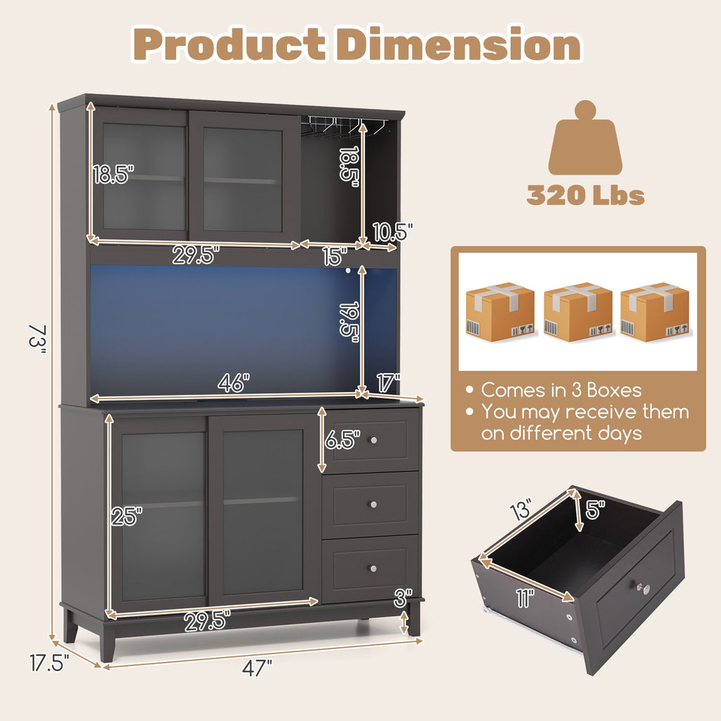 Kitchen Pantry Storage Cabinet Kitchen Hutch with LED lights and Power Outlet-Dark Brown