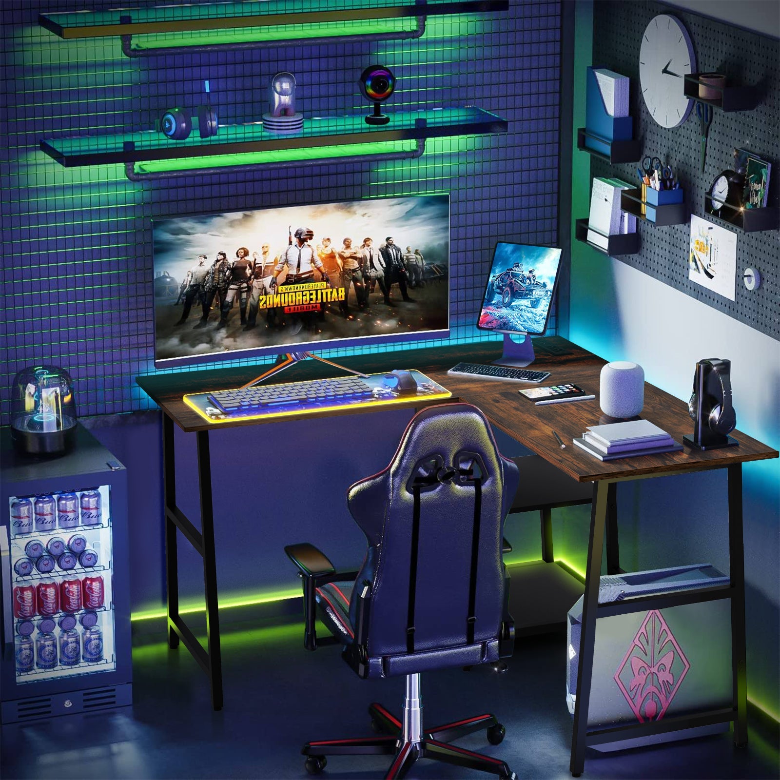 L Shaped Corner Computer Desk with Storage Shelves-Brown