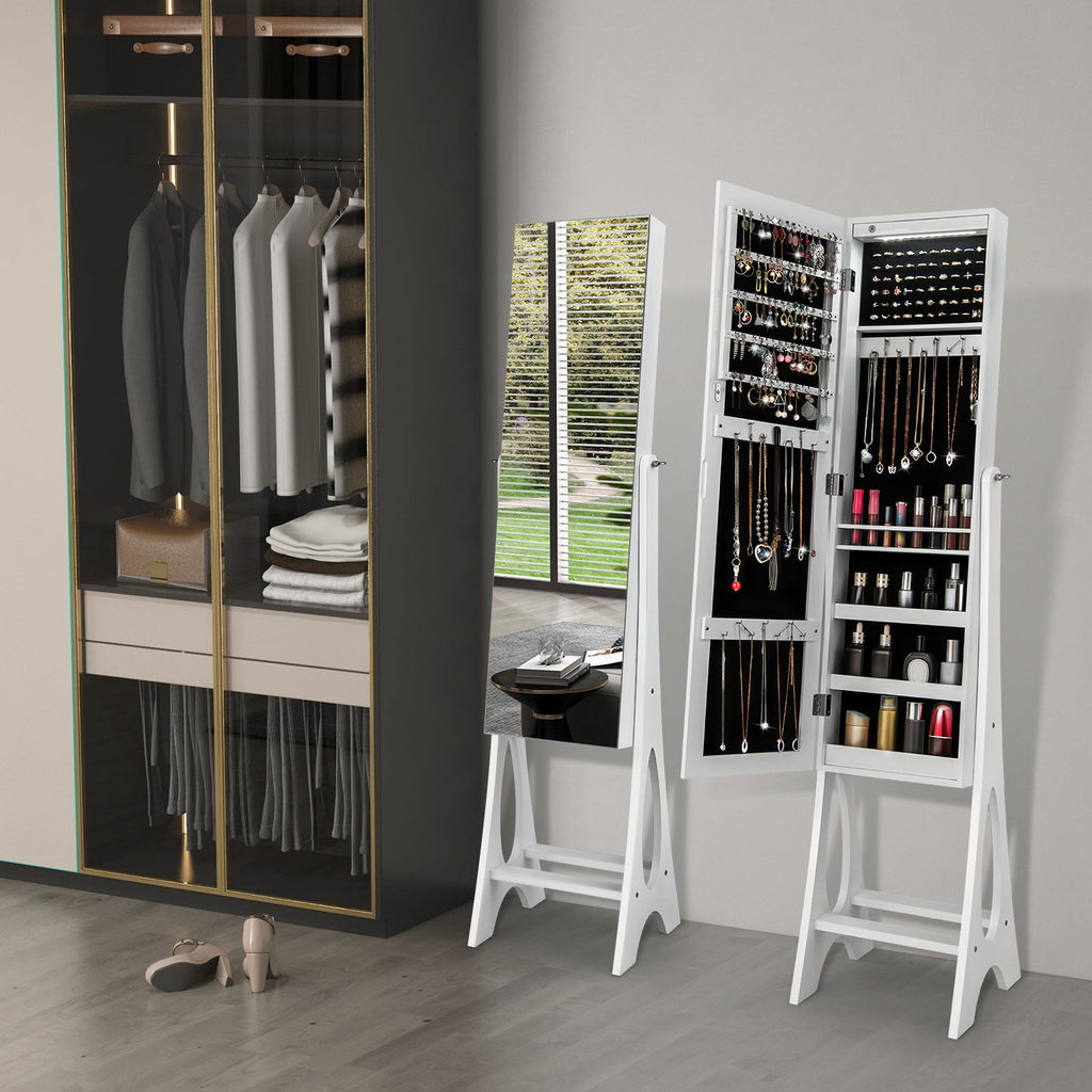 Freestanding Jewelry Cabinet Armoire Organizer with Bevel Edge Mirror-White