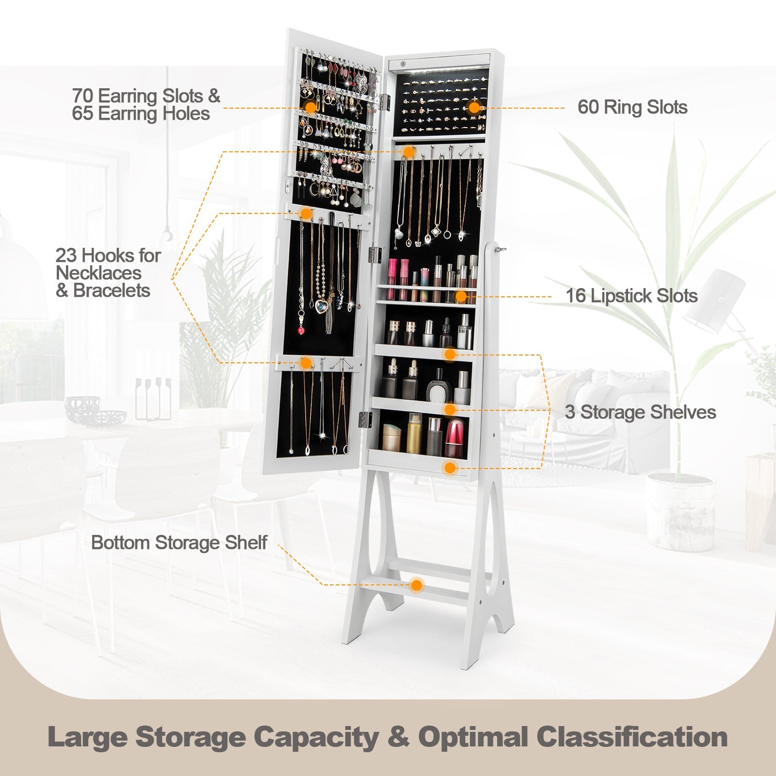 Freestanding Jewelry Cabinet Armoire Organizer with Bevel Edge Mirror-White