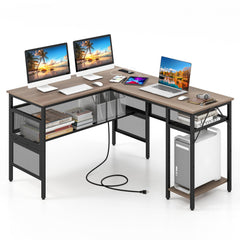 L-Shaped Computer Desk with Charging Station and Adjustable Shelf-Gray