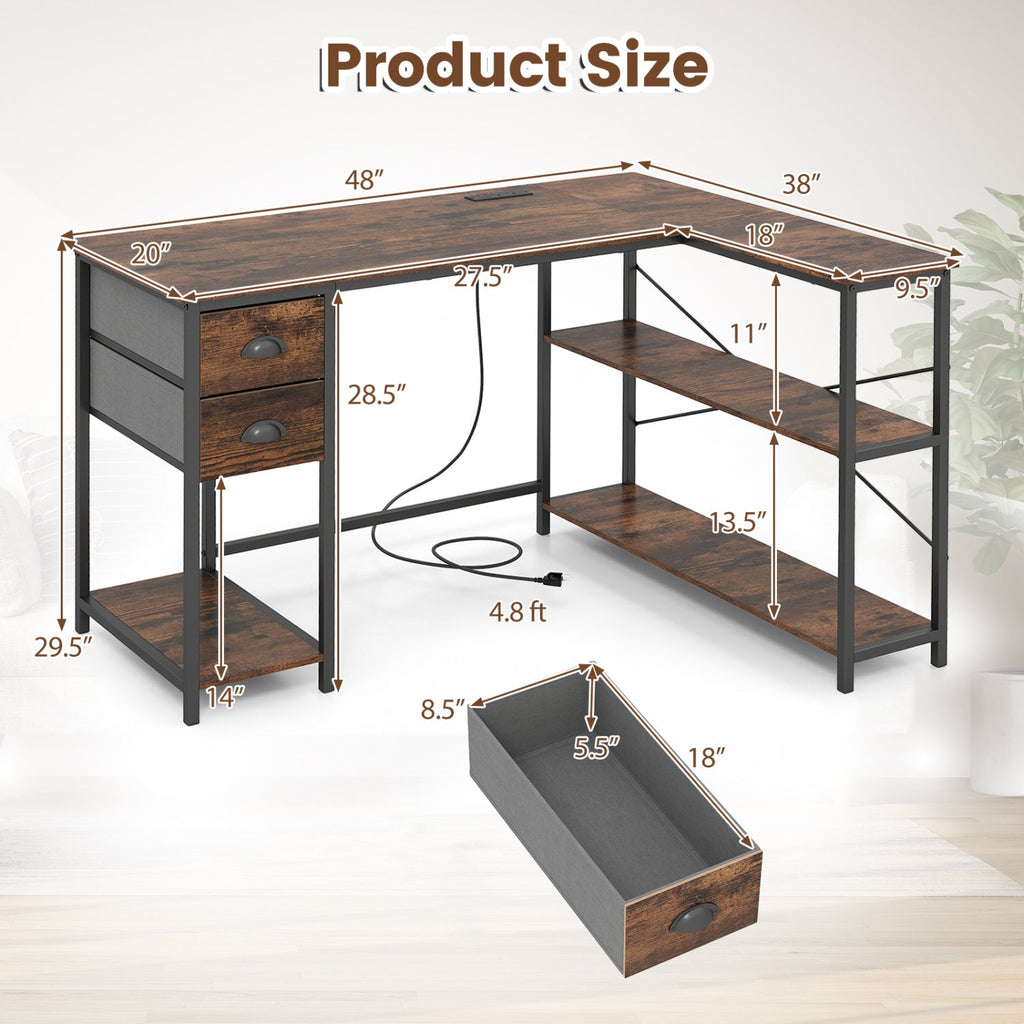 L Shaped Desk with Charging Station Corner Computer Desk with 2 Fabric Drawers