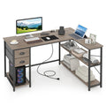 L Shaped Desk with Charging Station Corner Computer Desk with 2 Fabric Drawers