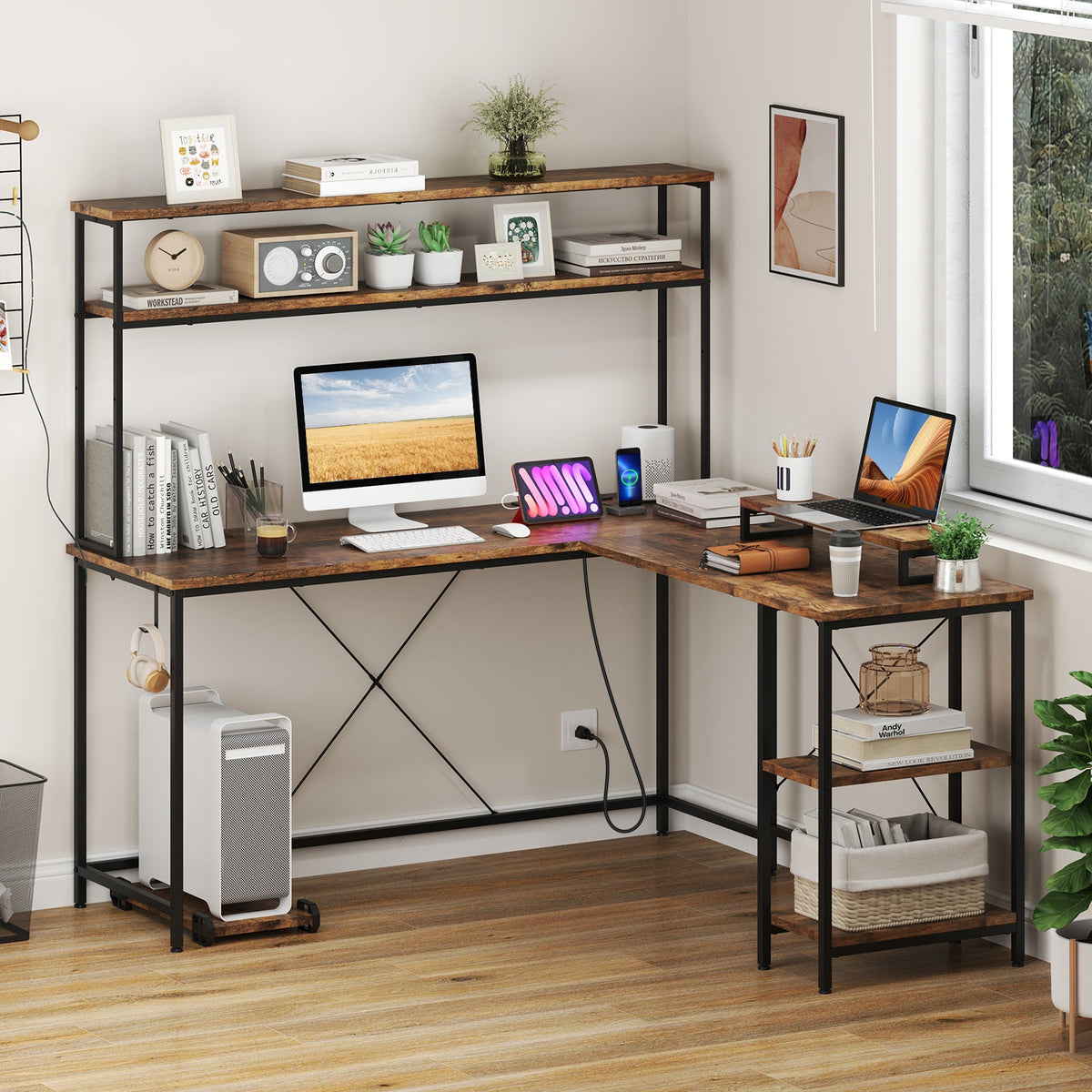 L-Shaped Reversible Gaming Desk with LED Strip and Power Outlets Hutch Monitor Stand-Rustic Brown