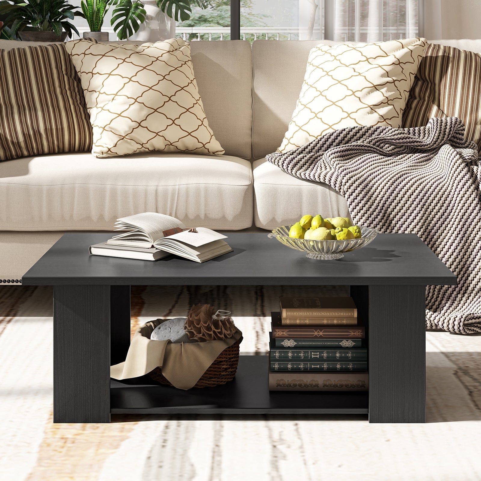 Large 36/41 Inch 2-tier Wooden Modern Coffee Table with Storage Shelf-Black