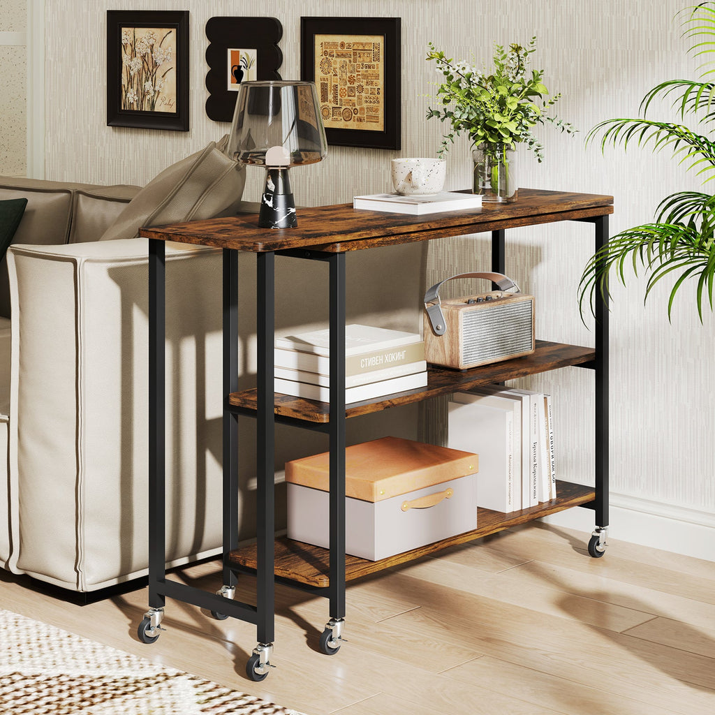 Large 360-Degree Free Rotating Sofa Side Table with Wheels and Storage Shelf-Rustic Brown