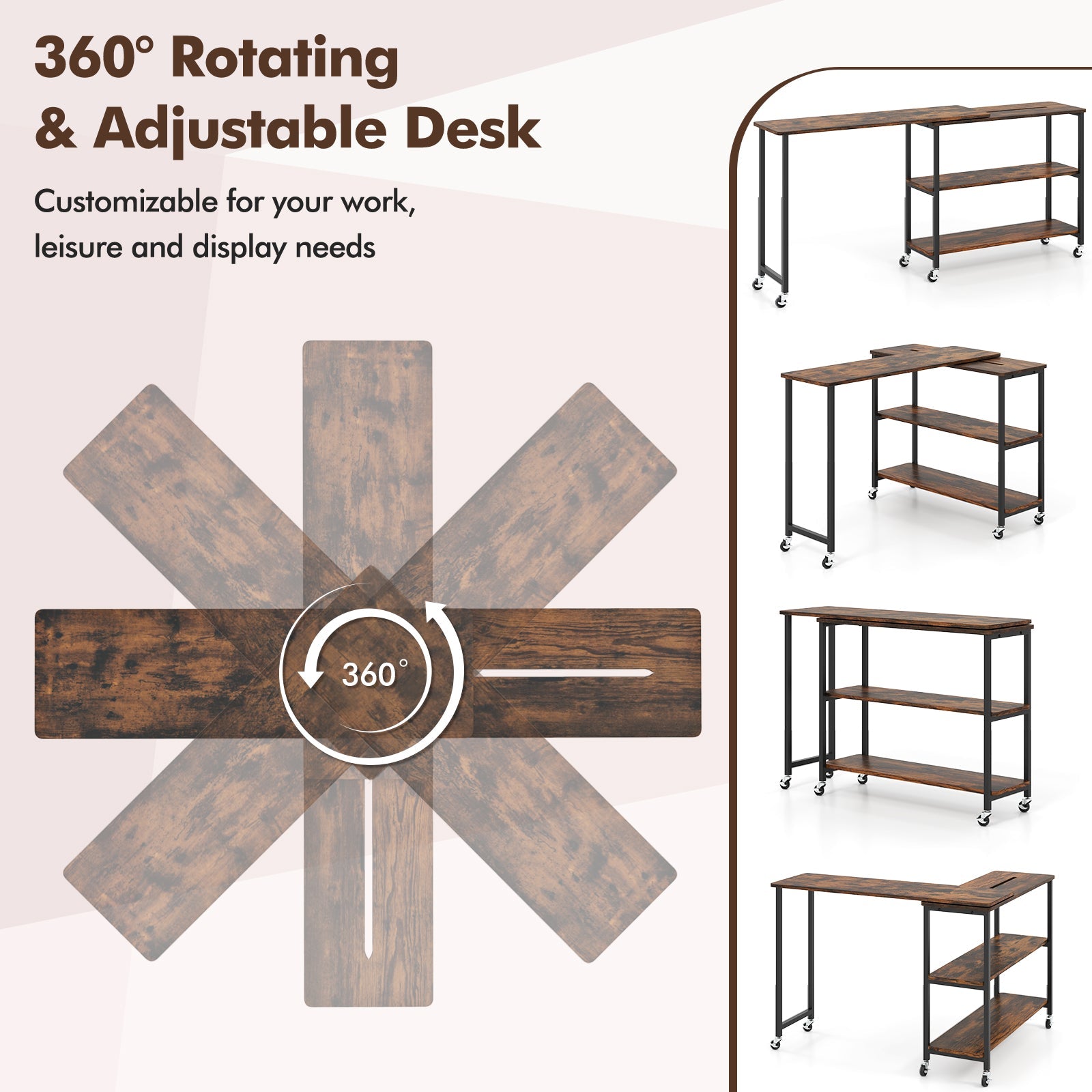 Large 360-Degree Free Rotating Sofa Side Table with Wheels and Storage Shelf-Rustic Brown