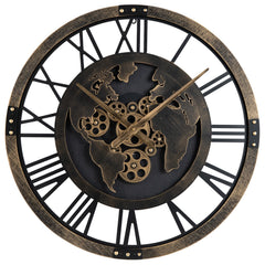 Large Wall Clock 27" Gear Clock with World Map-Brown