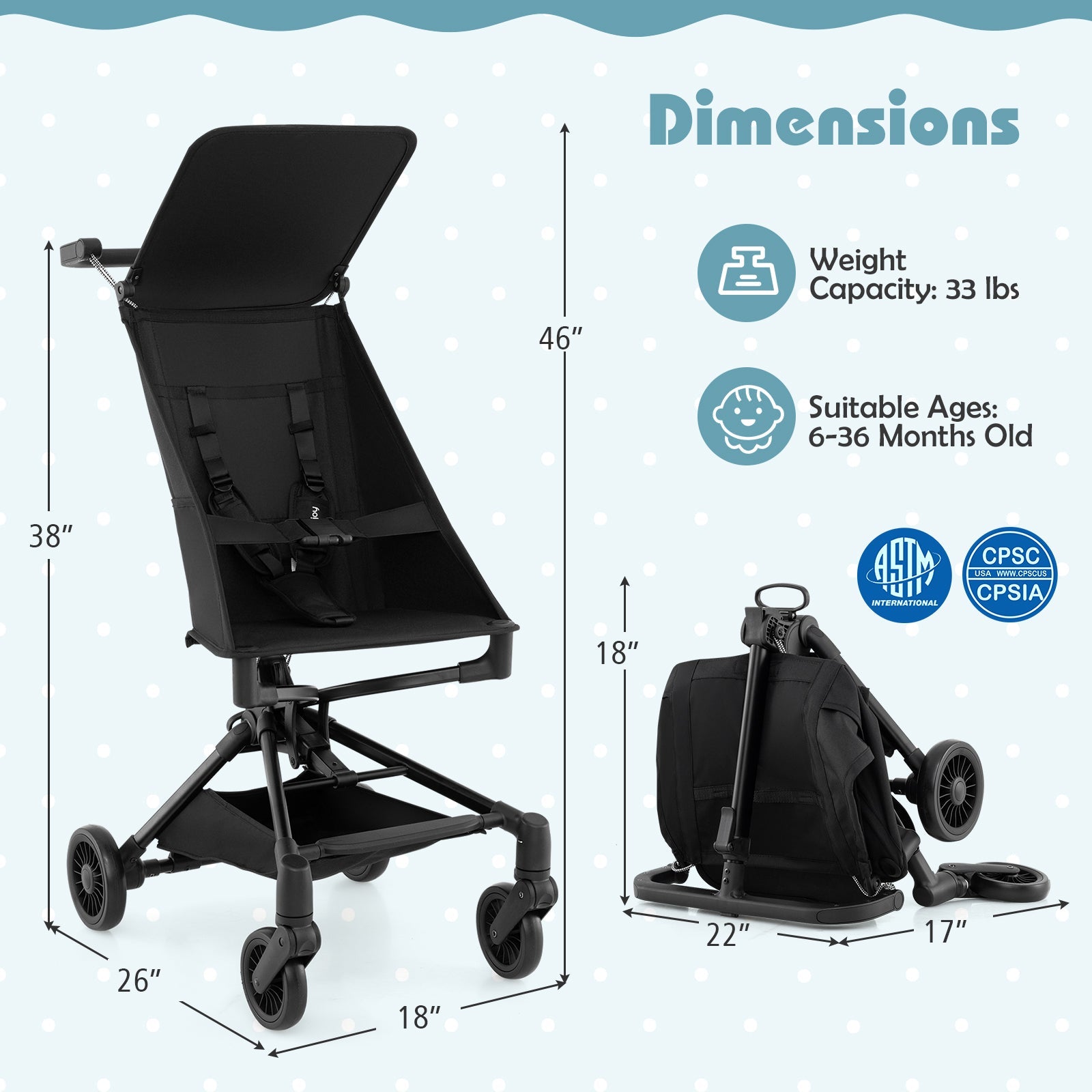 Lightweight Baby Stroller Compact and Airplane-Friendly Travel Stroller-Black