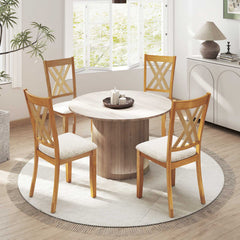 Linen Fabric Upholstered Wooden Dining Chair Set of 4 with Rubber Wood Frame for Dining Room