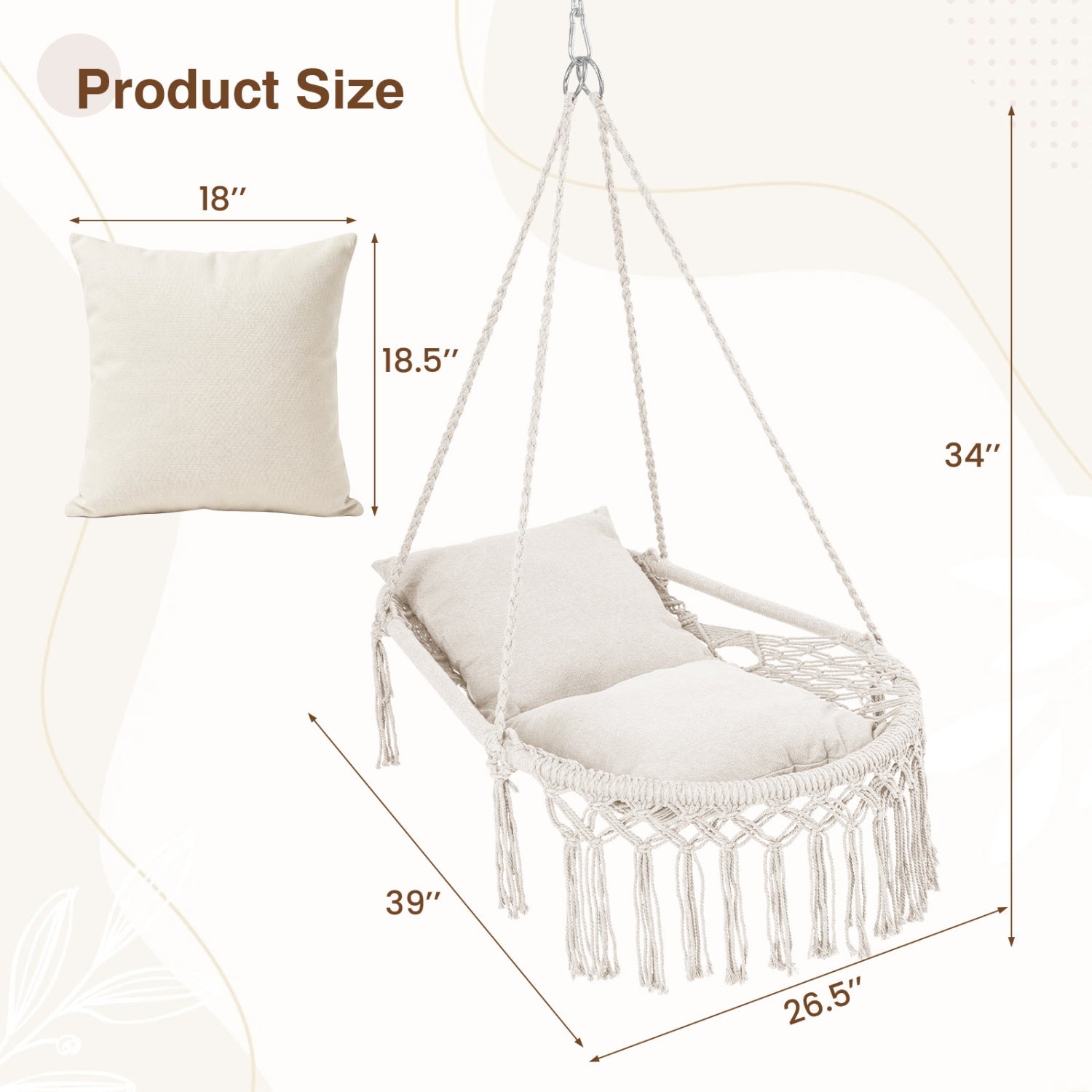 Macrame Swing Chair Hammock Chair with 2 Removable Cushions