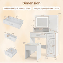 Makeup Vanity Desk with Mirror and Lights Dressing Table and Stool Set-White