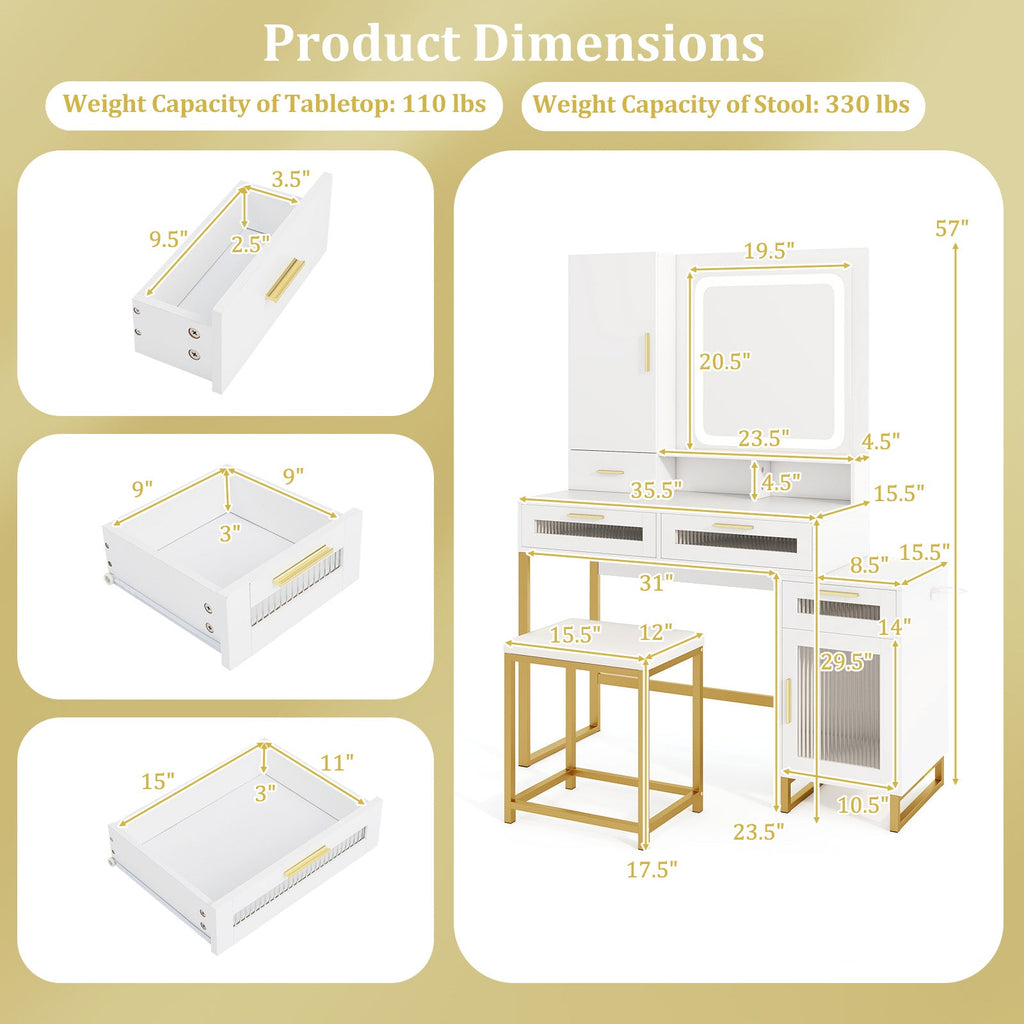 Makeup Vanity Desk Dressing Table and Stool Set with Lighted Mirror-White