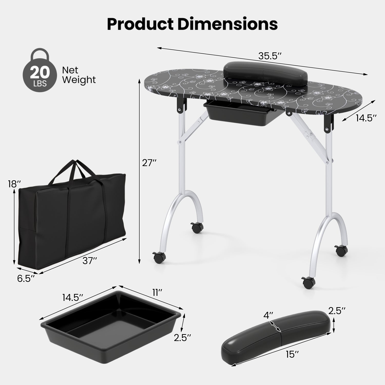 Foldable Manicure Table with Drawer and Wrist Cushion