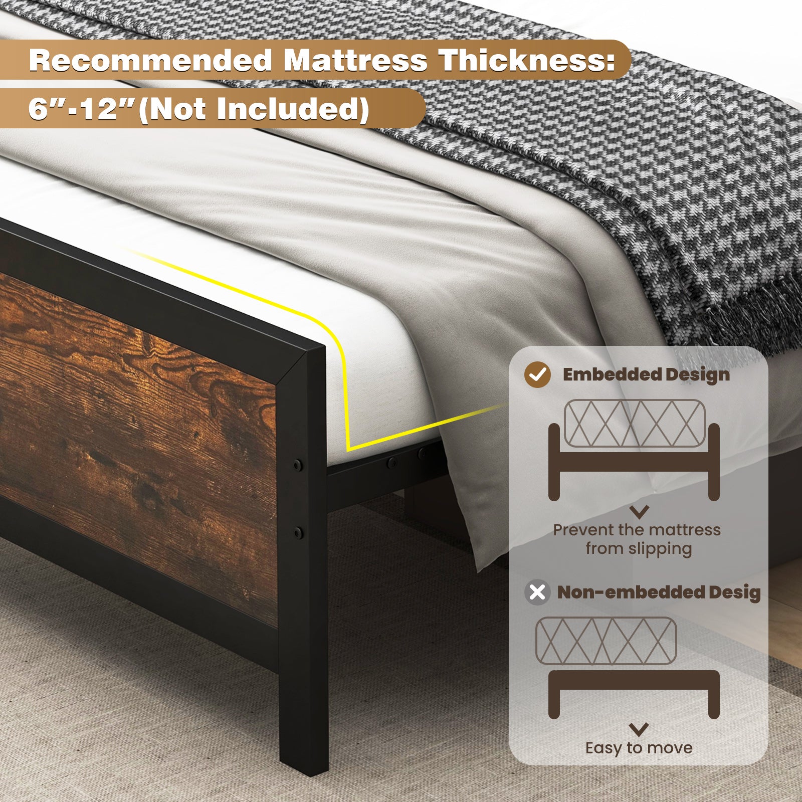 Metal Bed Frame with Headboard and Footboard-Queen Size