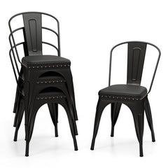 Metal Dining Chair Set of 4 Stackable Kitchen Chairs with Removable Backs and PU Leather Cushioned Seat-Black